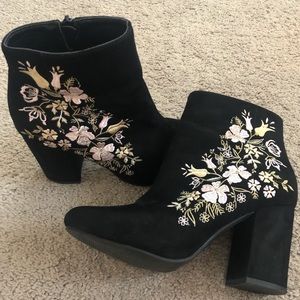 Flower Embroidered Black Booties